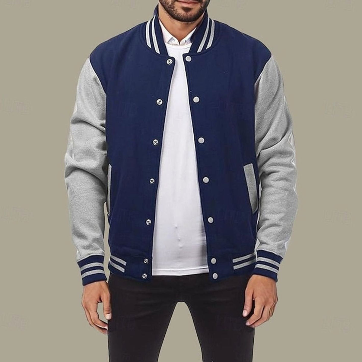 Cozy Varsity Letterman Jacket for Men with Stand Collar Long Sleeve Snap Front Striped Ribbed Style