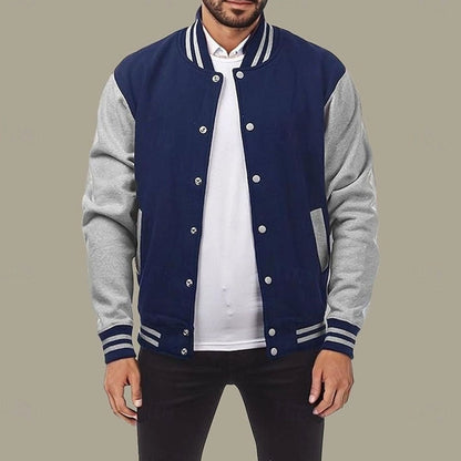 Cozy Varsity Letterman Jacket for Men with Stand Collar Long Sleeve Snap Front Striped Ribbed Style