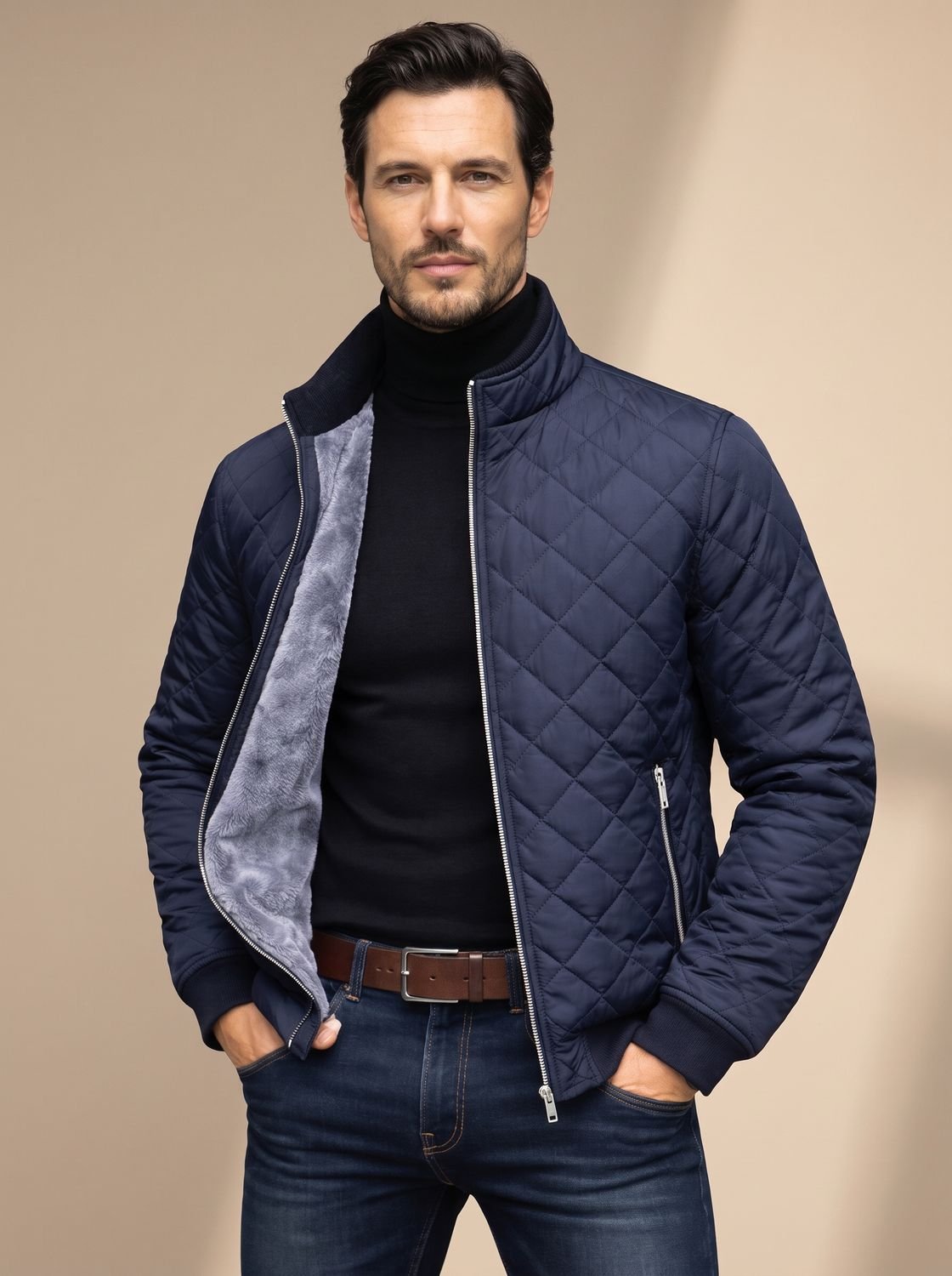 Cozy Diamond Quilted Jacket for Men with Stand Collar Long Sleeve Fleece Lined Full-Zip Winter Style