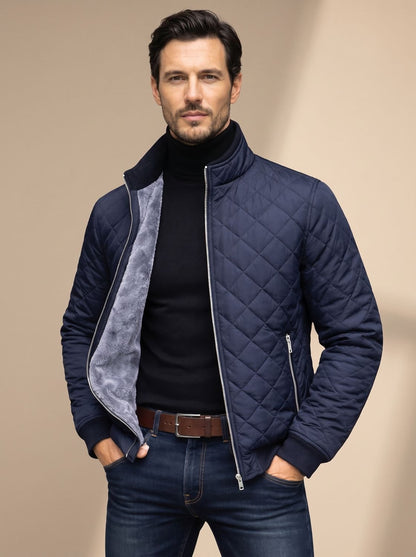 Cozy Diamond Quilted Jacket for Men with Stand Collar Long Sleeve Fleece Lined Full-Zip Winter Style