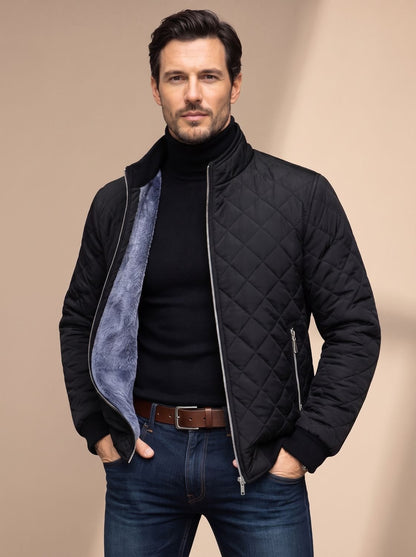 Cozy Diamond Quilted Jacket for Men with Stand Collar Long Sleeve Fleece Lined Full-Zip Winter Style