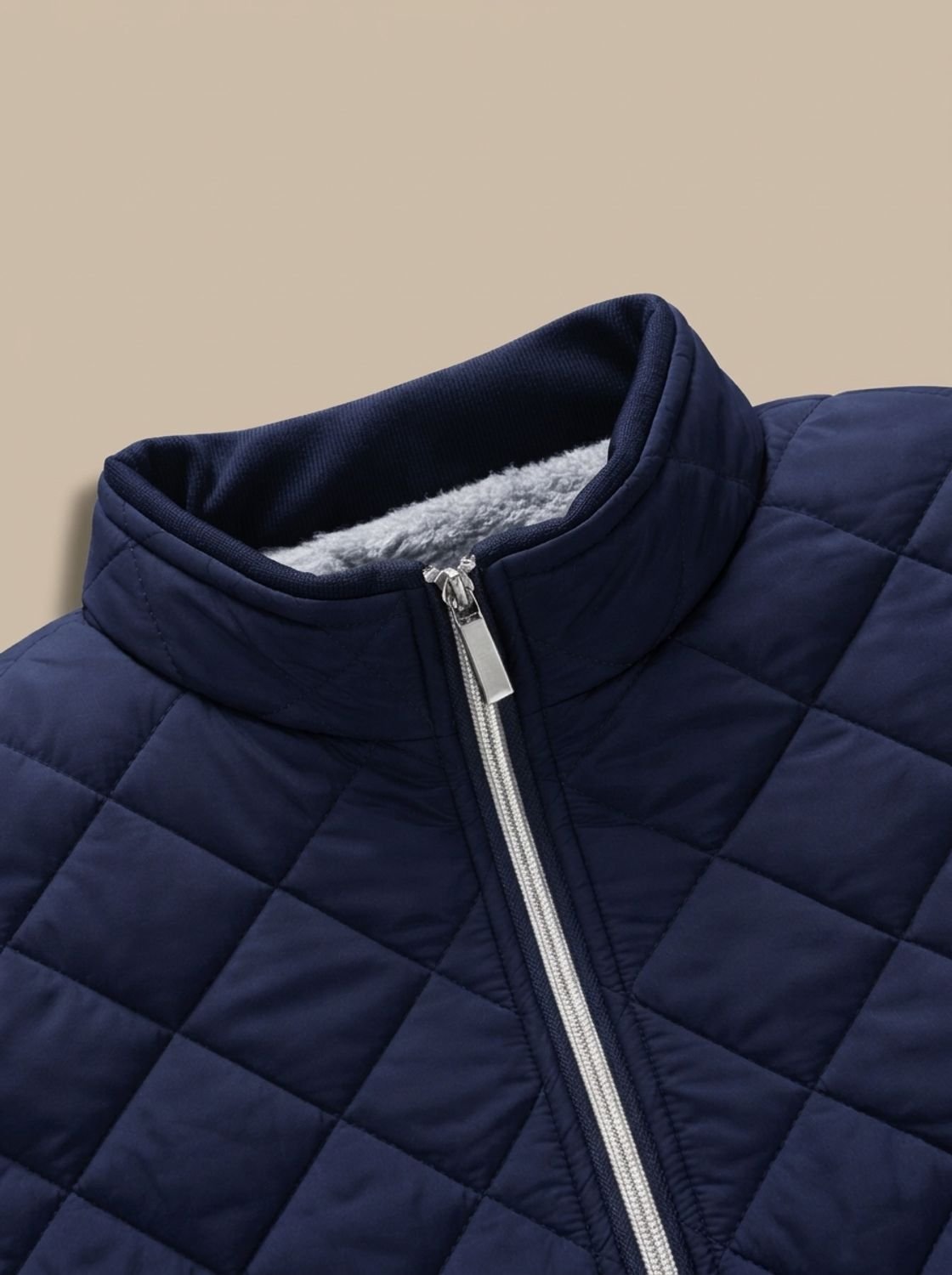 Cozy Diamond Quilted Jacket for Men with Stand Collar Long Sleeve Fleece Lined Full-Zip Winter Style