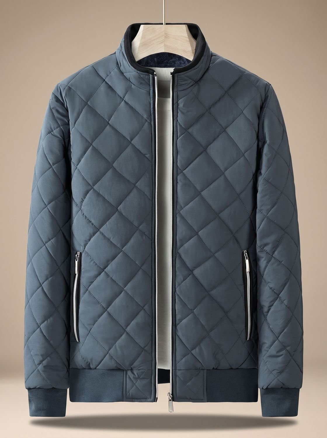 Cozy Diamond Quilted Bomber Jacket for Men with Stand Collar Long Sleeve Zip Front Ribbed Hem Style