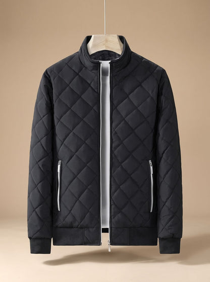 Cozy Diamond Quilted Bomber Jacket for Men with Stand Collar Long Sleeve Zip Front Ribbed Hem Style