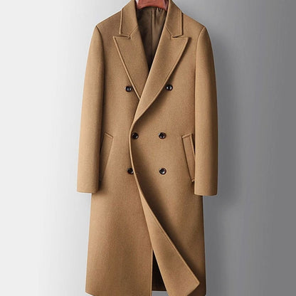 Cozy Wool Pea Coat for Men with Peak Lapel Long Sleeve Double Breasted Long Overcoat Style