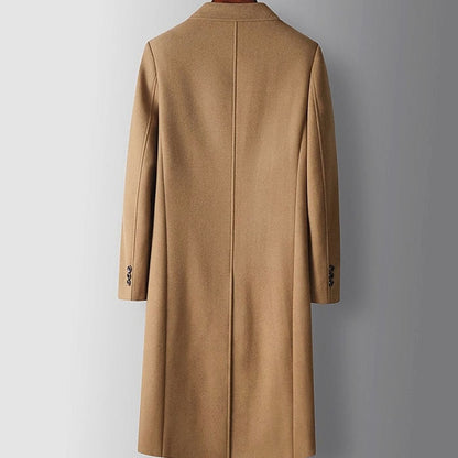 Cozy Wool Pea Coat for Men with Peak Lapel Long Sleeve Double Breasted Long Overcoat Style