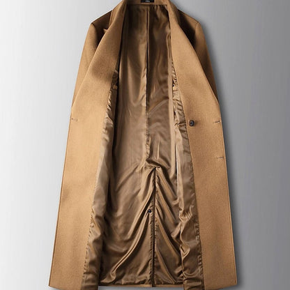 Cozy Wool Pea Coat for Men with Peak Lapel Long Sleeve Double Breasted Long Overcoat Style