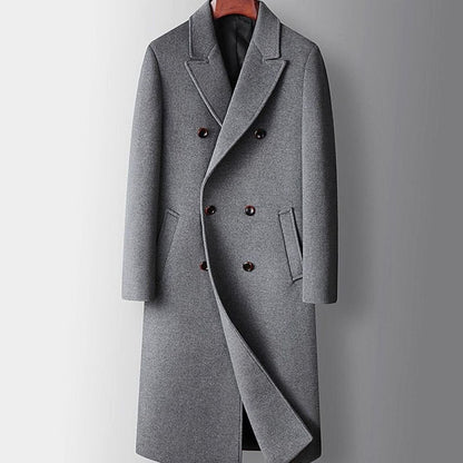 Cozy Wool Pea Coat for Men with Peak Lapel Long Sleeve Double Breasted Long Overcoat Style