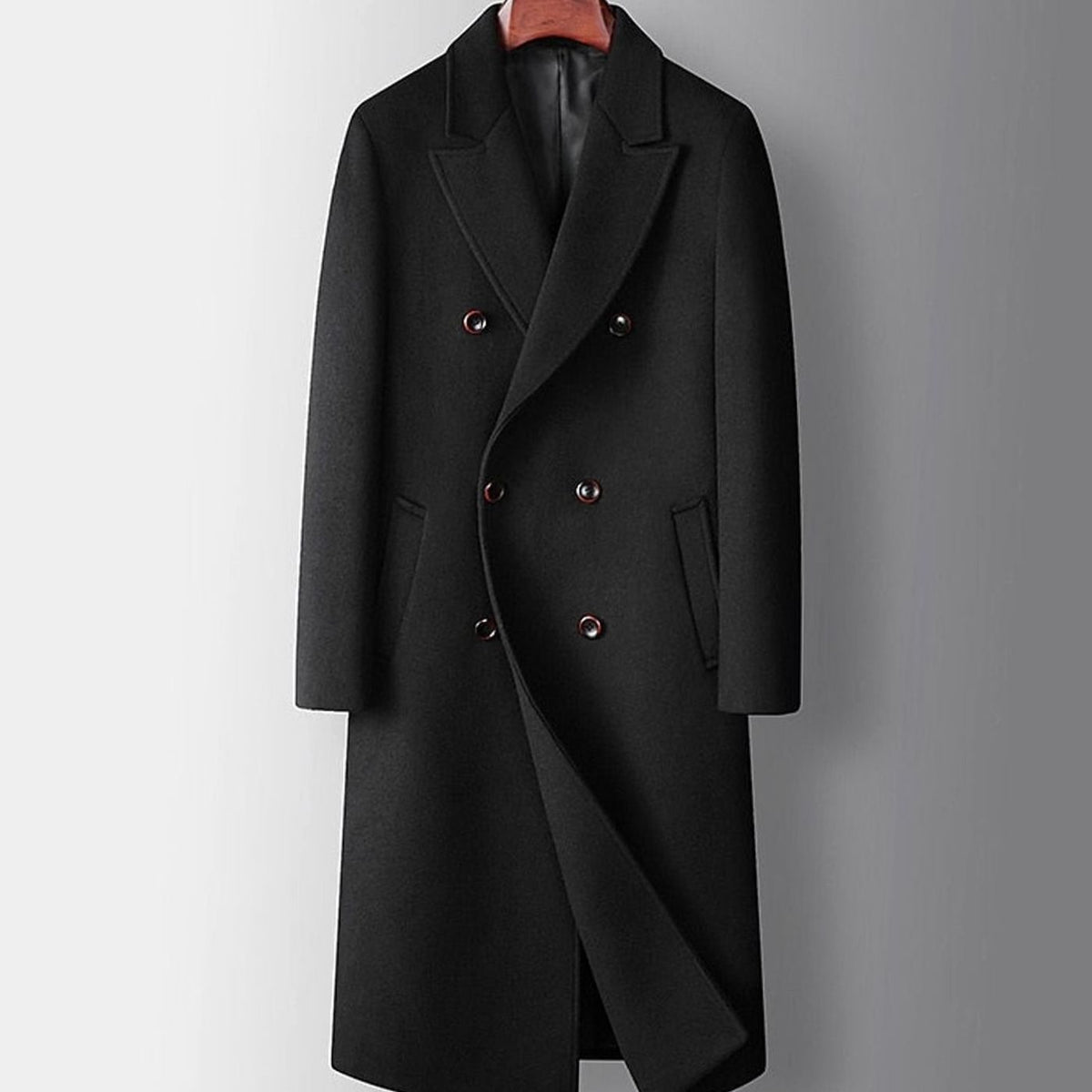 Cozy Wool Pea Coat for Men with Peak Lapel Long Sleeve Double Breasted Long Overcoat Style