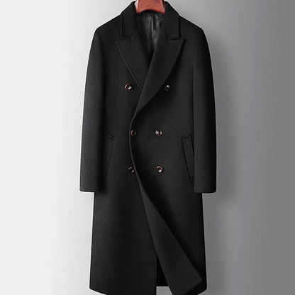 Cozy Wool Pea Coat for Men with Peak Lapel Long Sleeve Double Breasted Long Overcoat Style