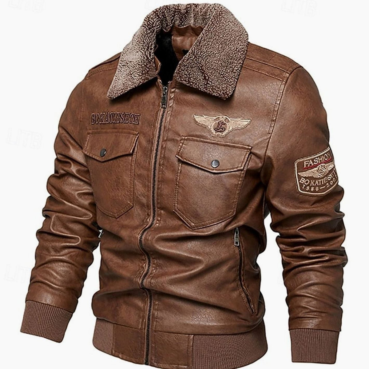 Cozy Faux Leather Aviator Bomber Jacket for Men with Sherpa Collar Long Sleeve Zip Flap Pocket Winter Style