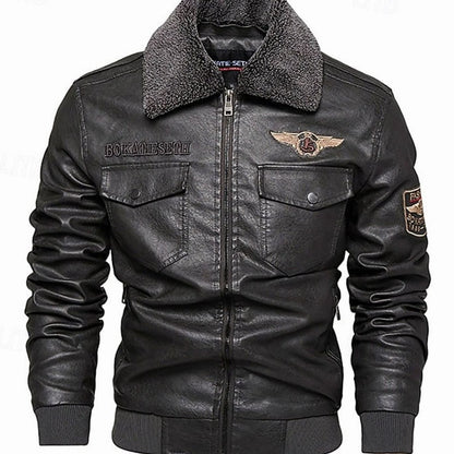 Cozy Faux Leather Aviator Bomber Jacket for Men with Sherpa Collar Long Sleeve Zip Flap Pocket Winter Style