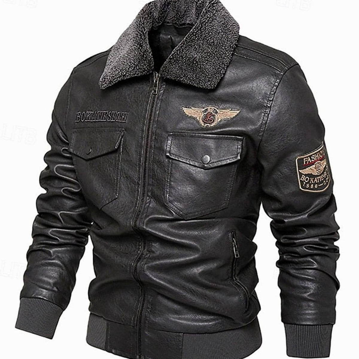Cozy Faux Leather Aviator Bomber Jacket for Men with Sherpa Collar Long Sleeve Zip Flap Pocket Winter Style