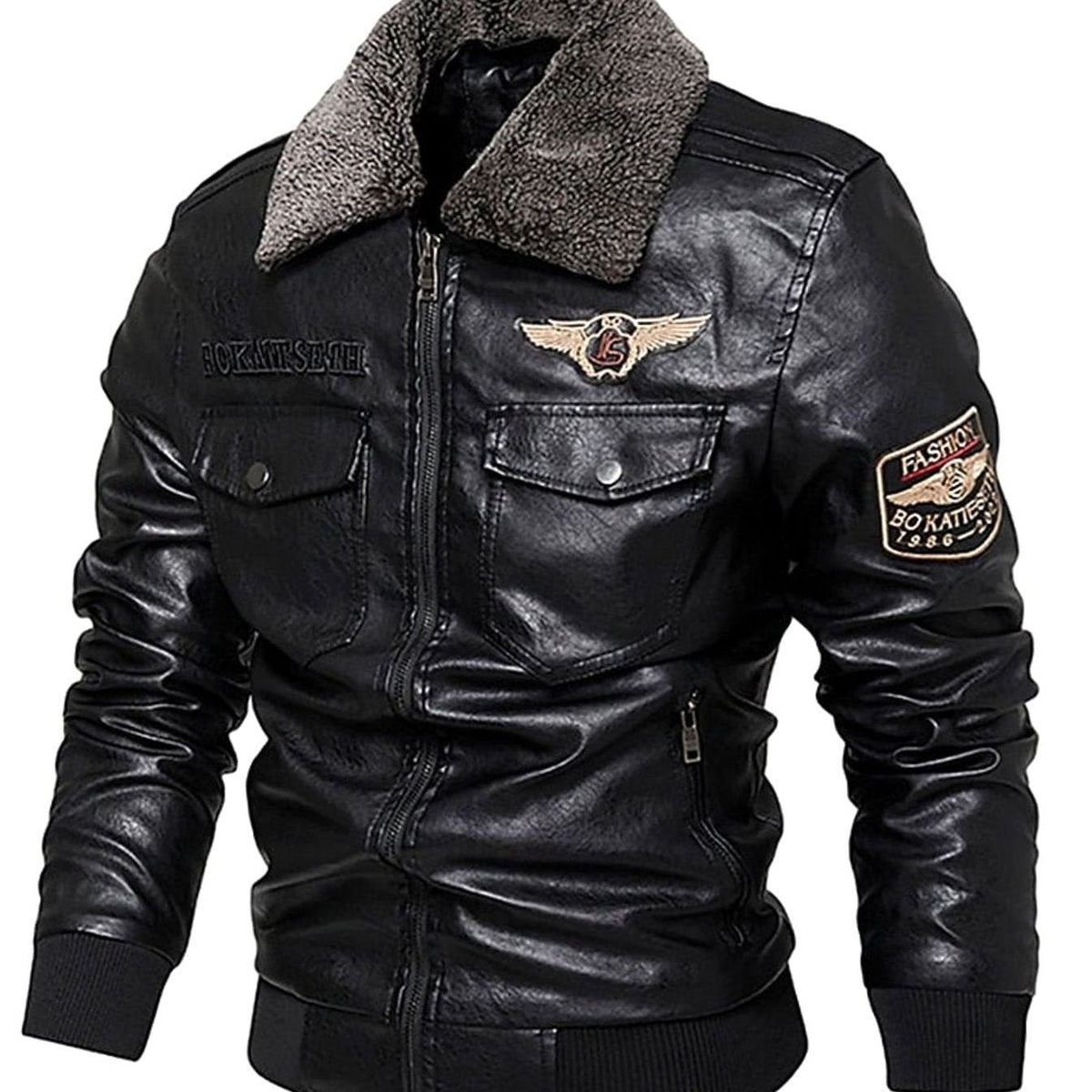 Cozy Faux Leather Aviator Bomber Jacket for Men with Sherpa Collar Long Sleeve Zip Flap Pocket Winter Style