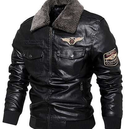 Cozy Faux Leather Aviator Bomber Jacket for Men with Sherpa Collar Long Sleeve Zip Flap Pocket Winter Style
