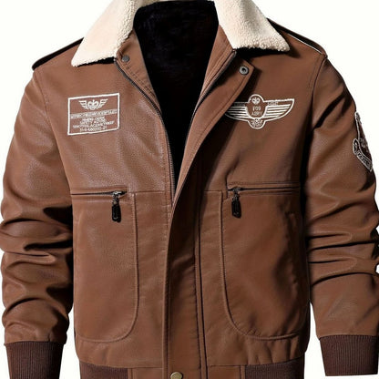Cozy Faux Leather Aviator Bomber Jacket for Men with Sherpa Collar Long Sleeve Zip Patch Winter Style
