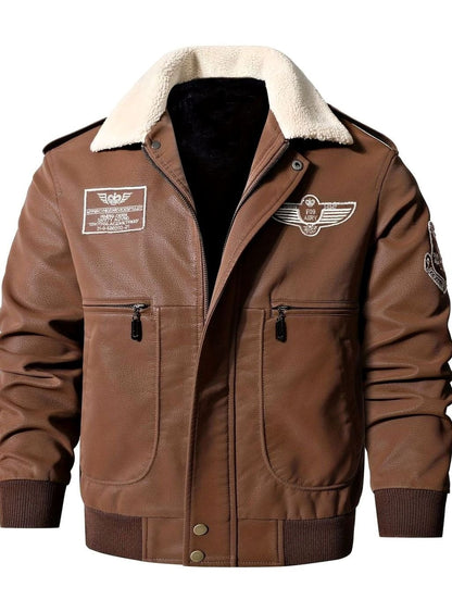 Cozy Faux Leather Aviator Bomber Jacket for Men with Sherpa Collar Long Sleeve Zip Patch Winter Style