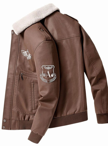 Cozy Faux Leather Aviator Bomber Jacket for Men with Sherpa Collar Long Sleeve Zip Patch Winter Style
