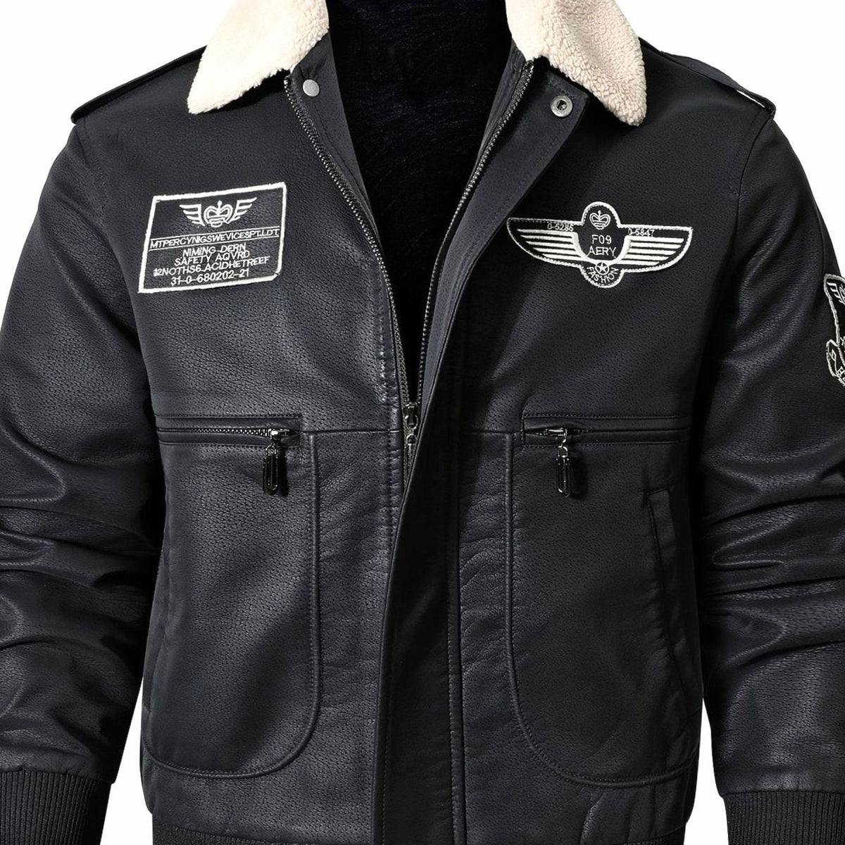 Cozy Faux Leather Aviator Bomber Jacket for Men with Sherpa Collar Long Sleeve Zip Patch Winter Style