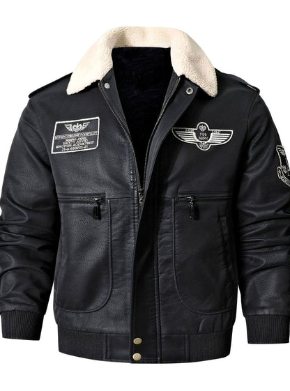 Cozy Faux Leather Aviator Bomber Jacket for Men with Sherpa Collar Long Sleeve Zip Patch Winter Style