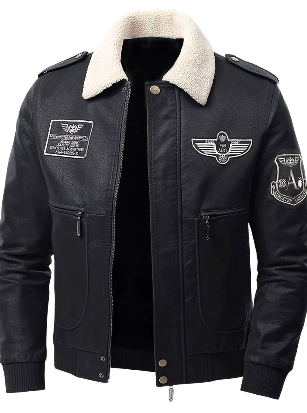 Cozy Faux Leather Aviator Bomber Jacket for Men with Sherpa Collar Long Sleeve Zip Patch Winter Style