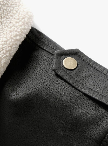 Cozy Faux Leather Aviator Bomber Jacket for Men with Sherpa Collar Long Sleeve Zip Patch Winter Style