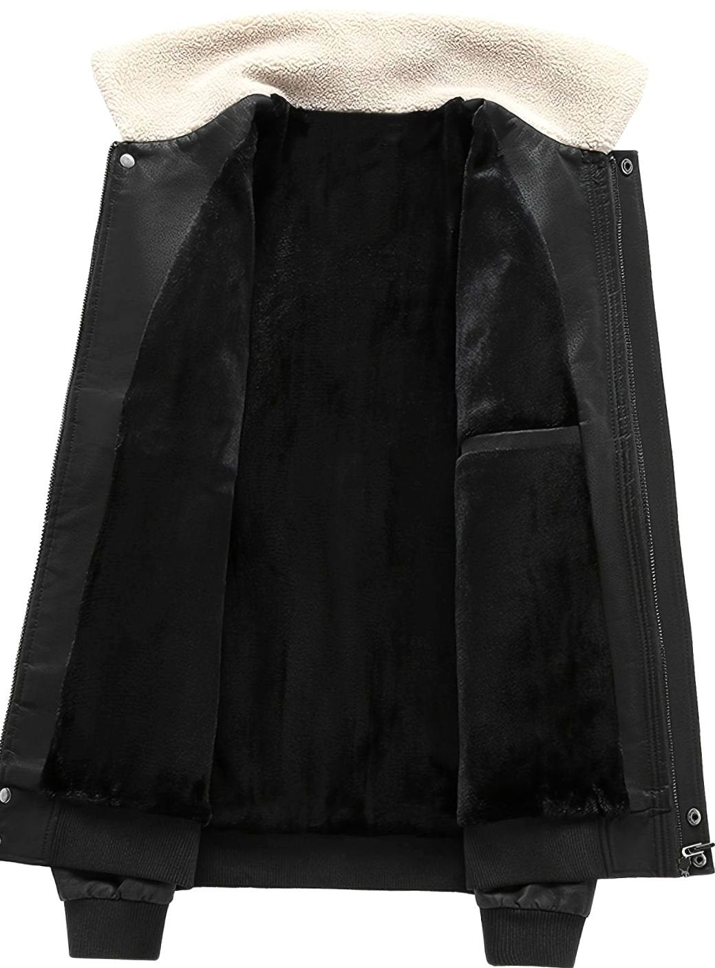 Cozy Faux Leather Aviator Bomber Jacket for Men with Sherpa Collar Long Sleeve Zip Patch Winter Style