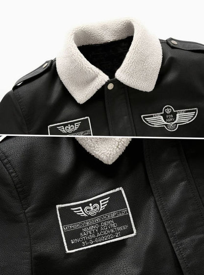 Cozy Faux Leather Aviator Bomber Jacket for Men with Sherpa Collar Long Sleeve Zip Patch Winter Style