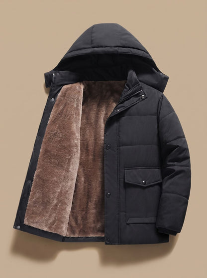 Cozy Fleece Lined Puffer Jacket for Men with Hooded Collar Long Sleeve Snap Button Zip Winter Style