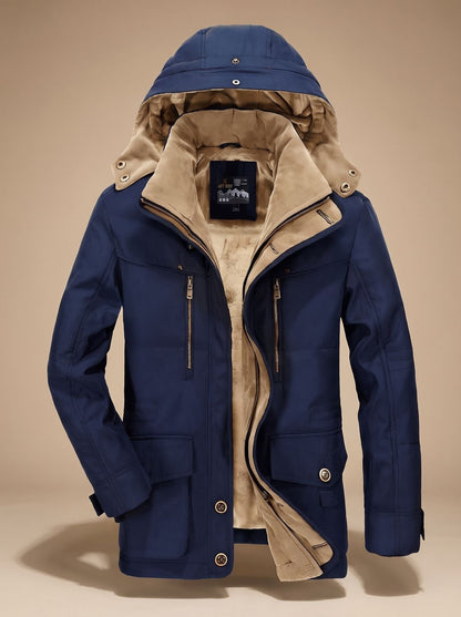 Rugged Fleece Lined Parka Jacket for Men with Hooded Collar Long Sleeve Multi-Pocket Insulated Winter Style