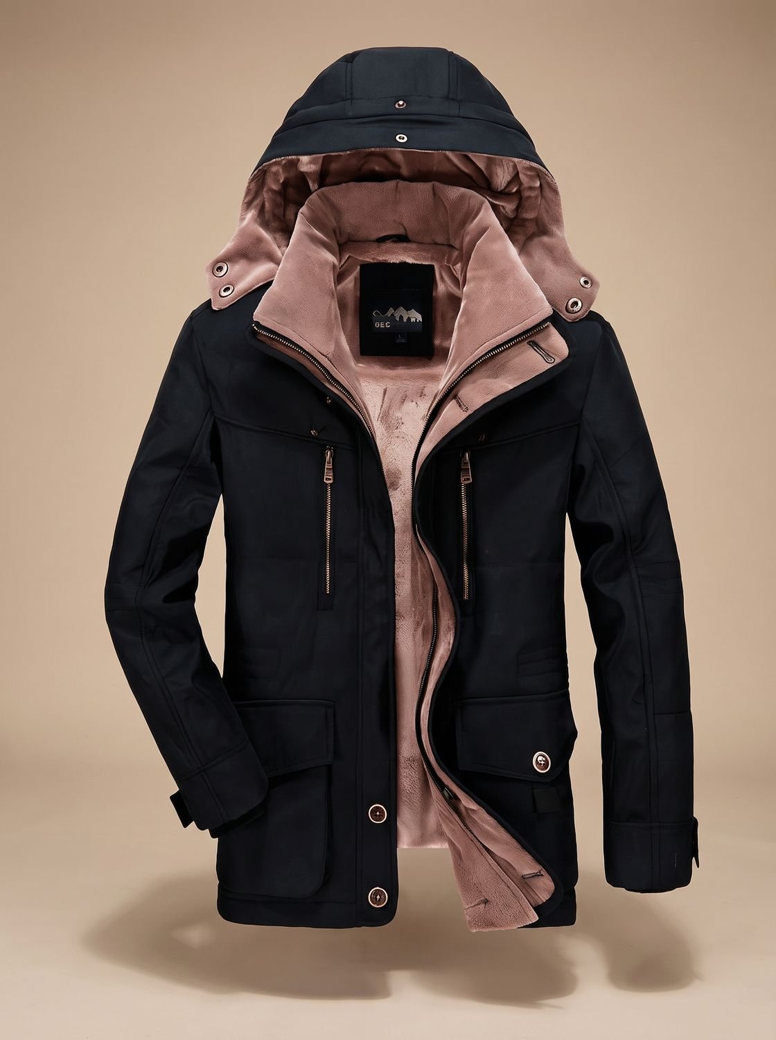 Rugged Fleece Lined Parka Jacket for Men with Hooded Collar Long Sleeve Multi-Pocket Insulated Winter Style