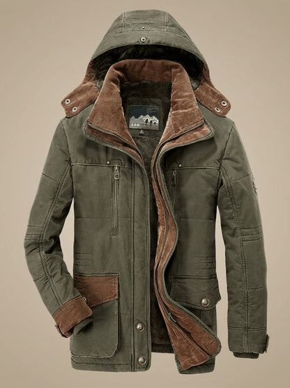 Rugged Fleece Lined Parka Jacket for Men with Hooded Collar Long Sleeve Multi-Pocket Insulated Winter Style