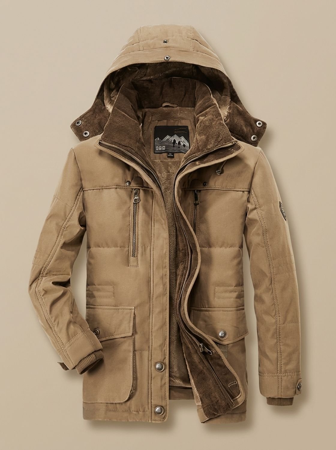 Rugged Fleece Lined Parka Jacket for Men with Hooded Collar Long Sleeve Multi-Pocket Insulated Winter Style