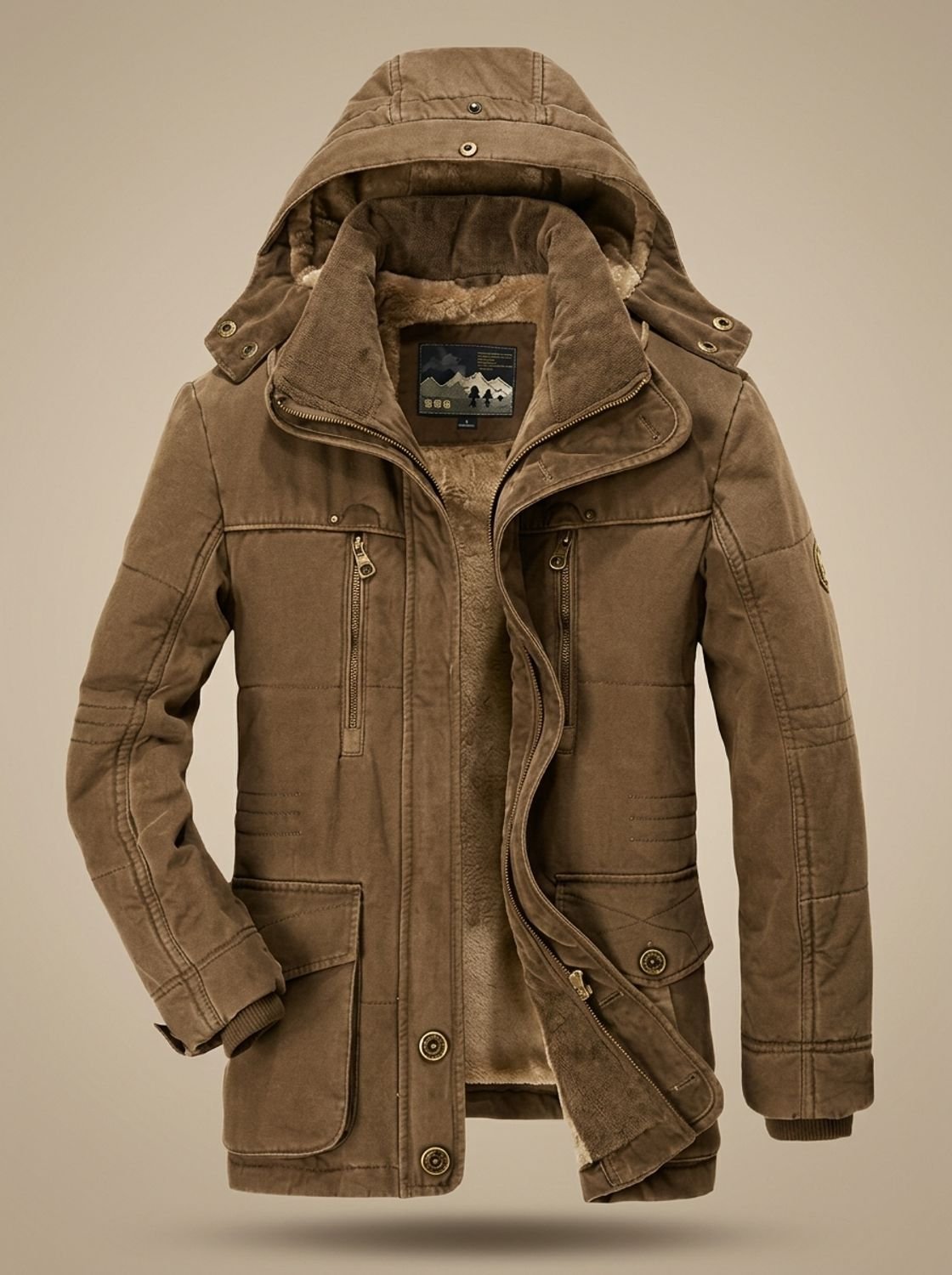Rugged Fleece Lined Parka Jacket for Men with Hooded Collar Long Sleeve Multi-Pocket Insulated Winter Style
