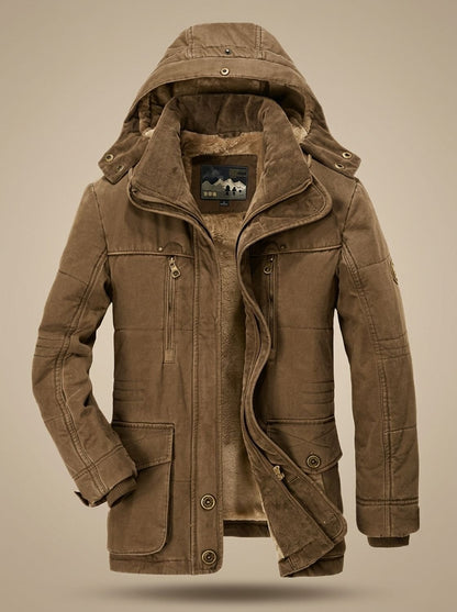 Rugged Fleece Lined Parka Jacket for Men with Hooded Collar Long Sleeve Multi-Pocket Insulated Winter Style