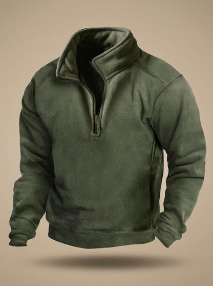 Cozy Fleece Quarter-Zip Sweater for Men with Stand Collar Long Sleeve Pullover Zip Pocket Winter Style