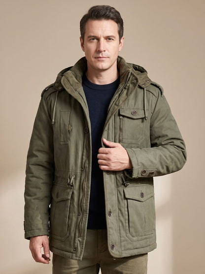 Rugged Field Parka Jacket for Men with Hooded Collar Long Sleeve Multi-Pocket Insulated Winter Style