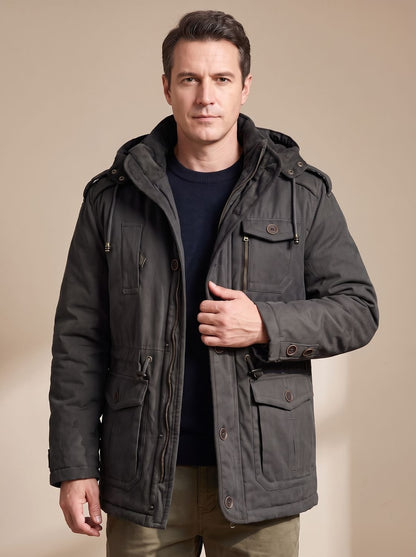 Rugged Field Parka Jacket for Men with Hooded Collar Long Sleeve Multi-Pocket Insulated Winter Style