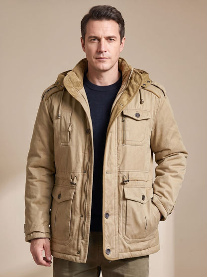 Rugged Field Parka Jacket for Men with Hooded Collar Long Sleeve Multi-Pocket Insulated Winter Style