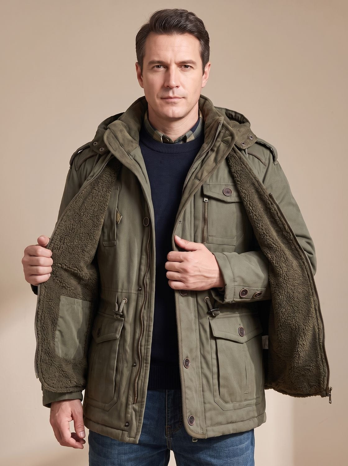 Rugged Field Parka Jacket for Men with Hooded Collar Long Sleeve Multi-Pocket Insulated Winter Style