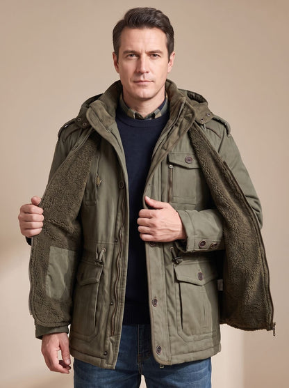 Rugged Field Parka Jacket for Men with Hooded Collar Long Sleeve Multi-Pocket Insulated Winter Style