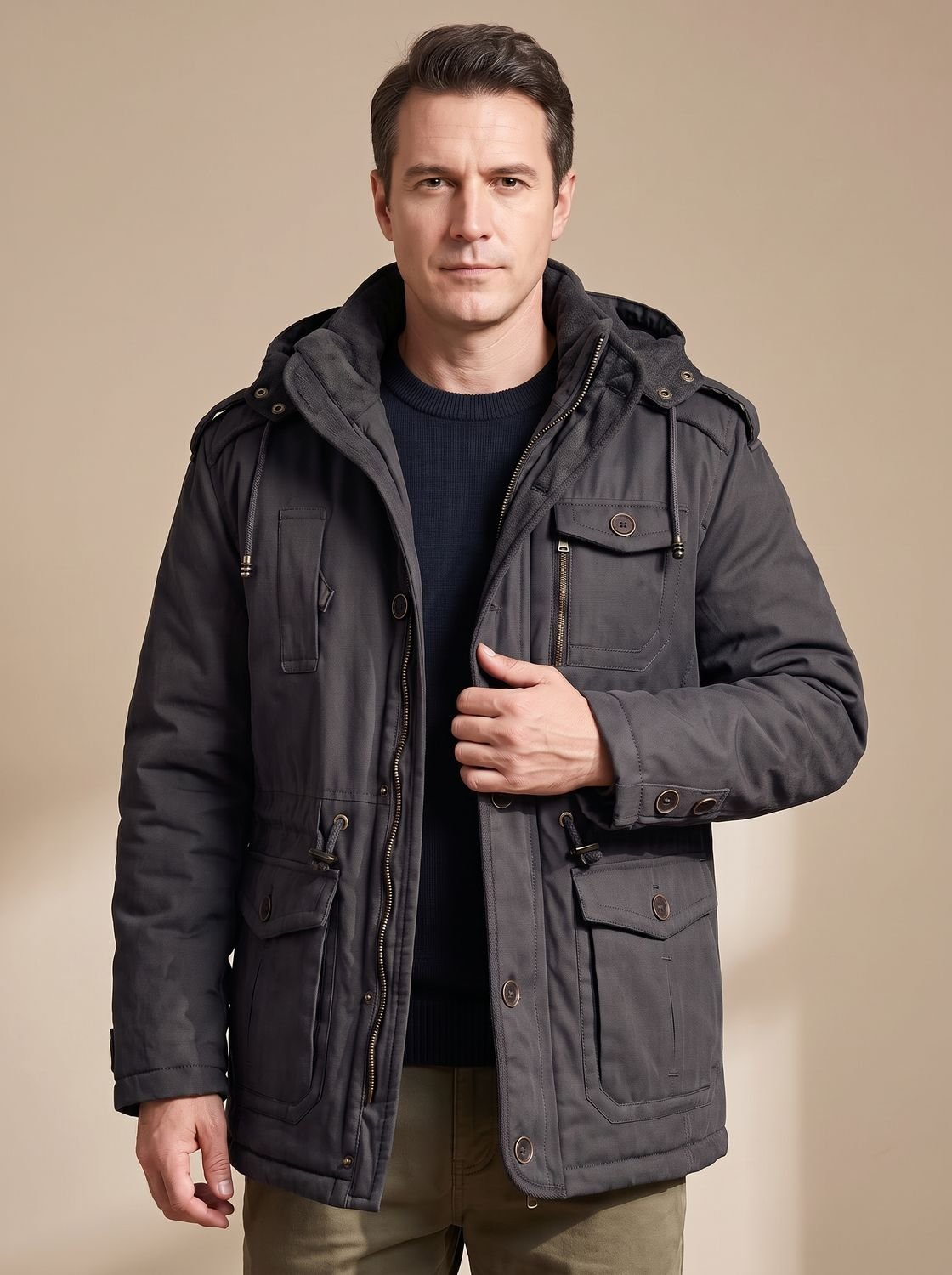 Rugged Field Parka Jacket for Men with Hooded Collar Long Sleeve Multi-Pocket Insulated Winter Style