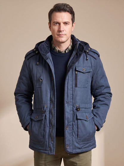Rugged Field Parka Jacket for Men with Hooded Collar Long Sleeve Multi-Pocket Insulated Winter Style