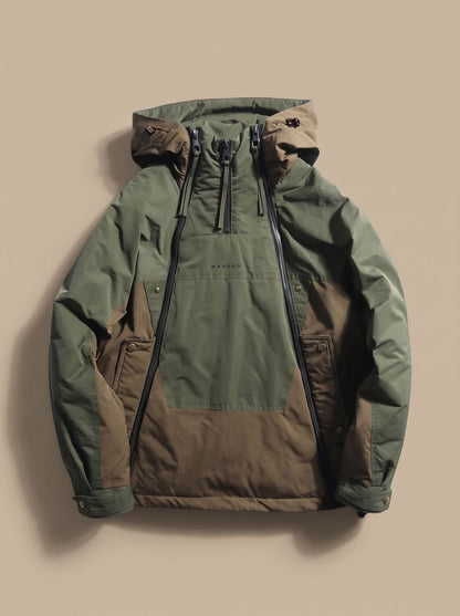 Cozy Colorblock Anorak Jacket for Men with Hooded Collar Long Sleeve Half-Zip Windbreaker Style