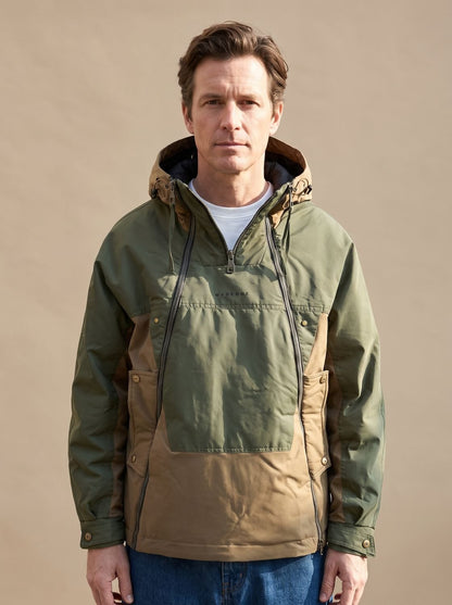 Cozy Colorblock Anorak Jacket for Men with Hooded Collar Long Sleeve Half-Zip Windbreaker Style
