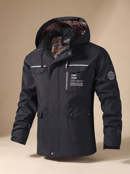 Rugged Hooded Windbreaker Jacket for Men with Water Resistant Multi-Pocket Reflective Zip Outdoor Style