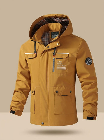 Rugged Hooded Windbreaker Jacket for Men with Water Resistant Multi-Pocket Reflective Zip Outdoor Style