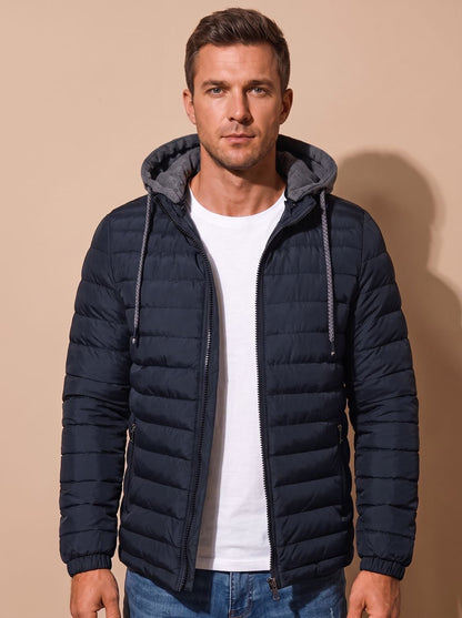 Cozy Lightweight Puffer Jacket for Men with Hooded Collar Long Sleeve Insulated Zip Winter Style