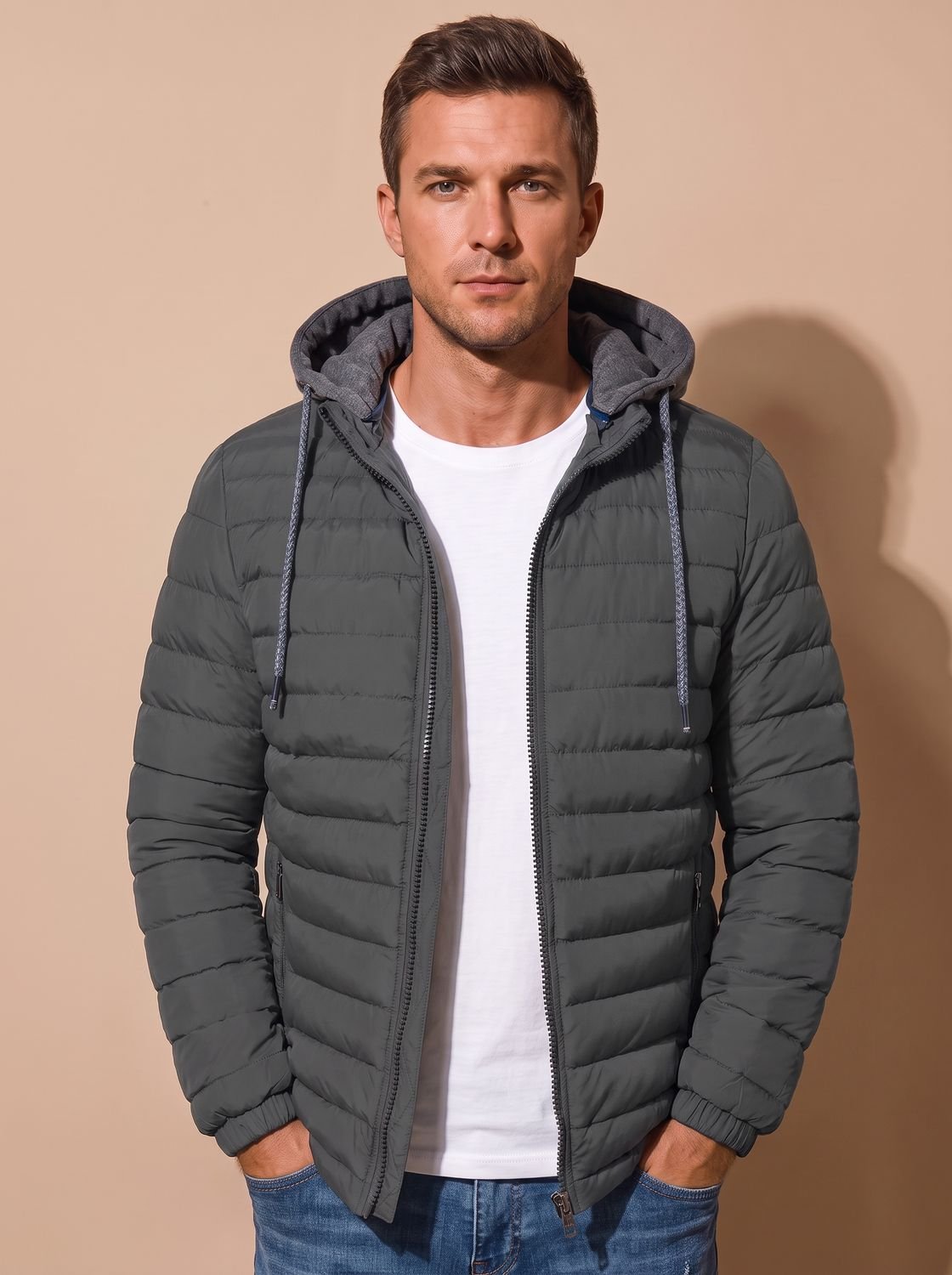Cozy Lightweight Puffer Jacket for Men with Hooded Collar Long Sleeve Insulated Zip Winter Style