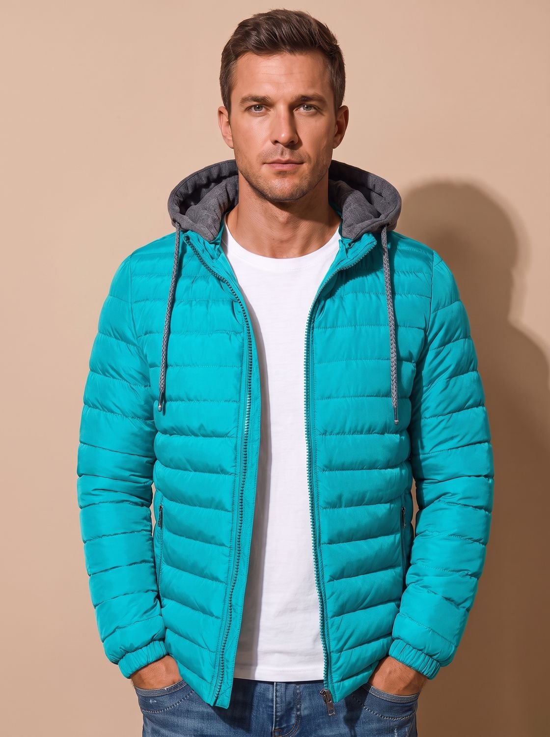 Cozy Lightweight Puffer Jacket for Men with Hooded Collar Long Sleeve Insulated Zip Winter Style